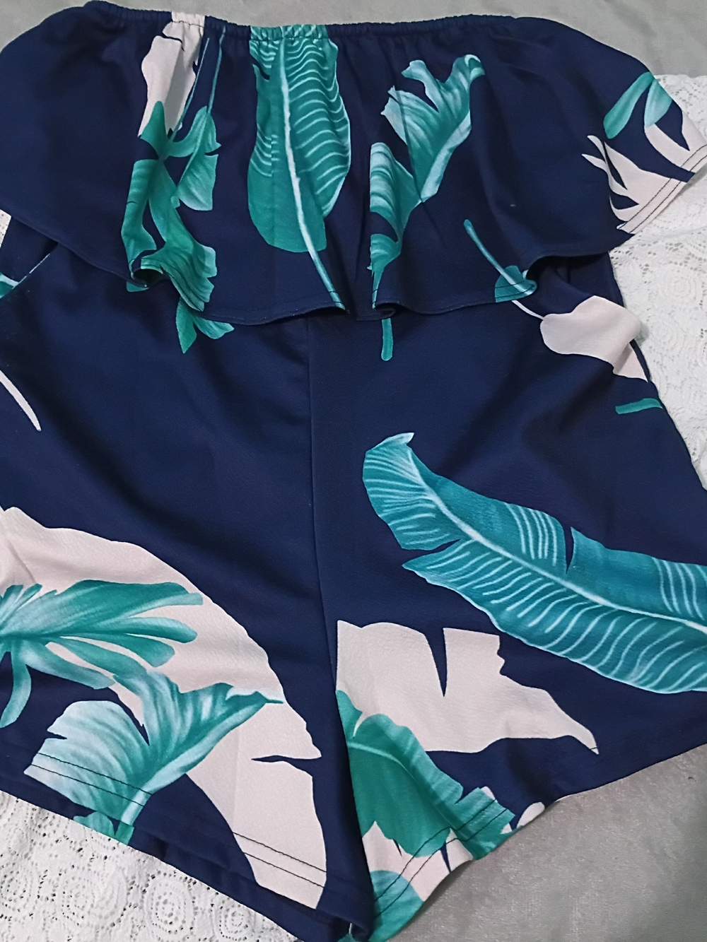 Wish Navy Off-Shoulder Tropical Leaf Romper with Teal Accents